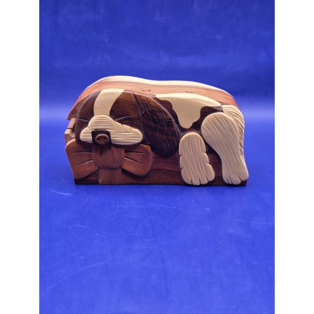Handcrafted Carver Dan's Dog With Bow Wooden Puzzle Box